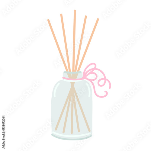 Aroma reed stick diffuser in glasses bottle in flat cartoon design. Aroma for home relaxation and decoration. Girly aesthetic and peaceful decor, aromatic treatment. Vector illustration isolated.