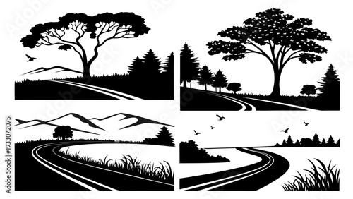 A serene landscape showcasing various natural scenes and elements. Vector