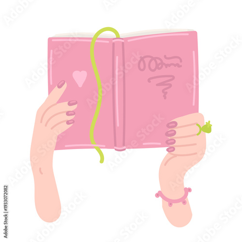 Woman reading book in flat cartoon design. Female hands with polish nails holding open book with bookmark. Bookworm pastime with romantic story or fiction novel. Vector illustration isolated.