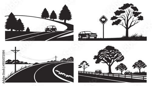 Four distinct landscapes featuring trees, roads, and a cross in black and white Vector