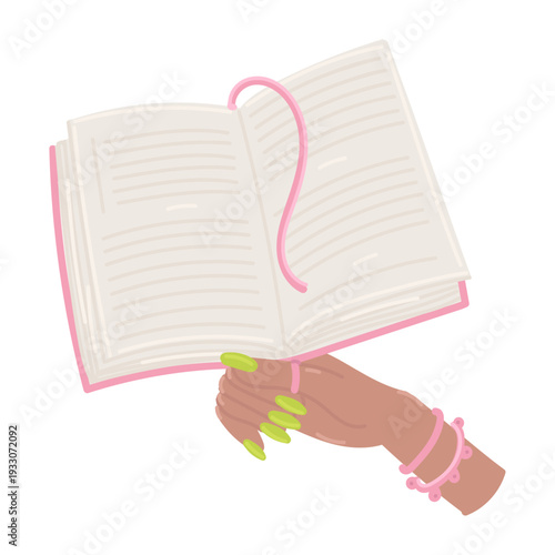 Woman reading book in flat cartoon design. African american female hand with polish nails holding open book. Bookworm pastime with romantic story or fiction novel. Vector illustration isolated.