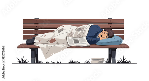 Homeless man sleeping on park bench covered with newspaper