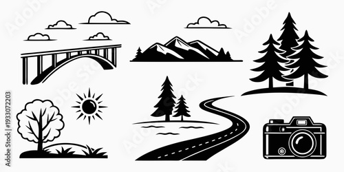 Black and white illustration of a scenic landscape with mountains, trees, and a winding road. Vector