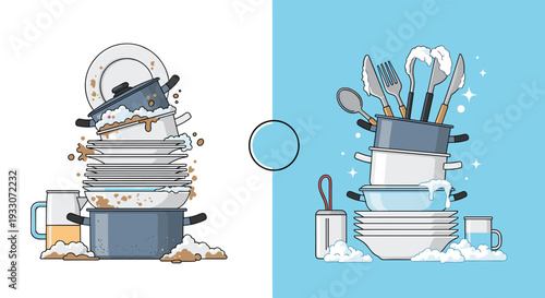 Comparison of messy dirty dishes and clean kitchenware stacks