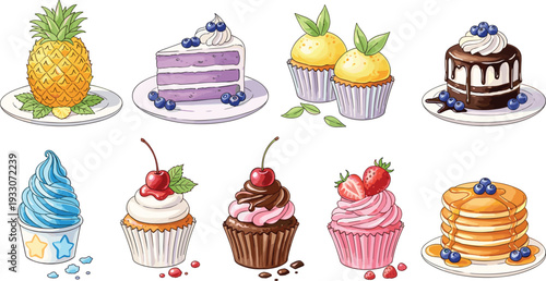 Desserts and sweets collection cupcakes cakes pancakes vector illustration set