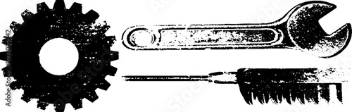 Industrial tool set with wrench and gear crossed in high contrast stencil style