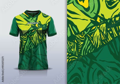 T-shirt mockup abstract texture grunge sport jersey design for football, soccer, racing, esports, running,  green yellow color