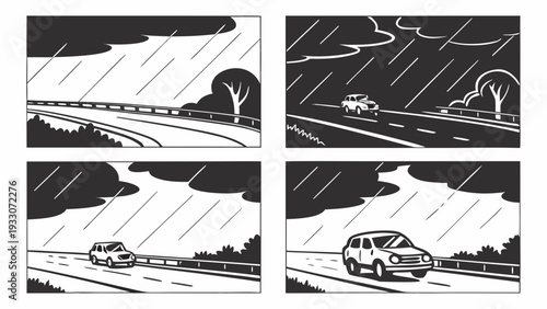 A sequence of drawings depicting a car's journey through a stormy landscape. Vector
