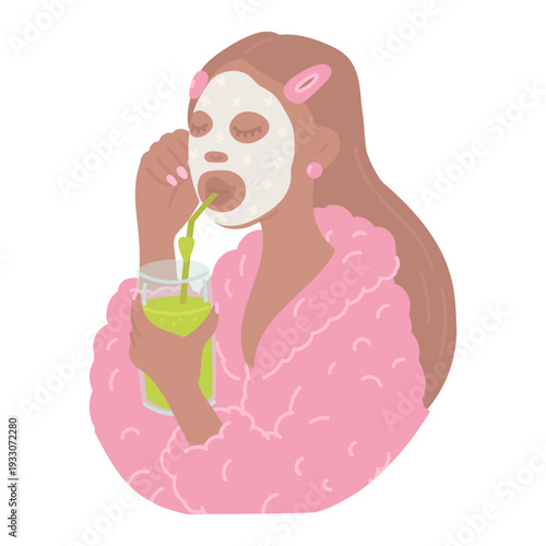 Woman beauty and self care concept in flat cartoon design. Young african american girl in pink fluffy robe drinking green matcha, doing facial mask skincare routine. Vector illustration isolated.
