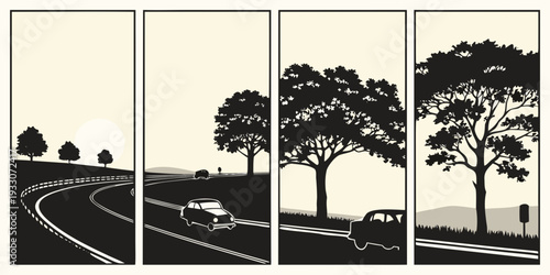 A serene landscape with a winding road and trees in the distance Vector