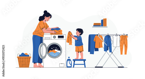 Mother and son doing laundry together with washing machine