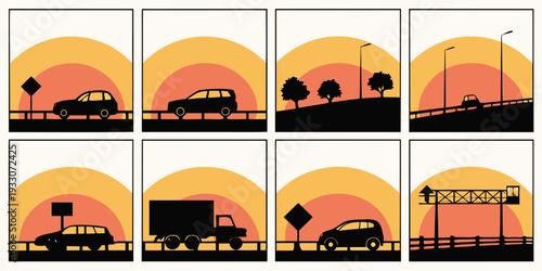 Sunset over a cityscape with various buildings and a truck Vector