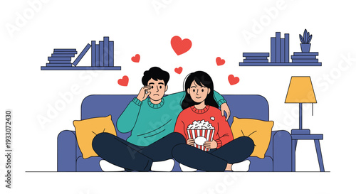 Couple watching movie on sofa with popcorn and red hearts