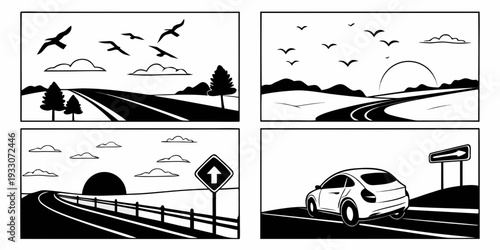 A series of illustrations depicting the journey of birds and vehicles on a highway Vector