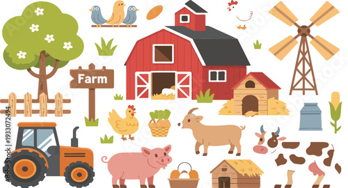 Flat Farm Life Vector Collection Featuring Red Barn, Windmill, Tractor and Domestic Animals
