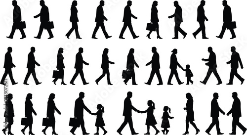 Professional business people silhouettes walking and standing with briefcases in corporate attire on white background vector,