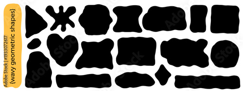 Abstract geometric element with irregular edges. Wavy oval, square frames. Rectangle, hearts shape with wave undulate borders. Doodle blobs for text. Box arch form with curvy organic edges.