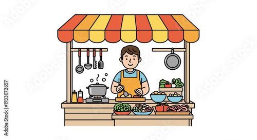 Chef Cooking at Street Food Stall Flat Vector Illustration