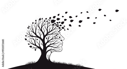 Silhouette of a tree forming a human face with leaves blowing away