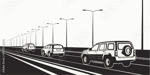A line of vehicles including cars, trucks, and a plane on a highway. Vector