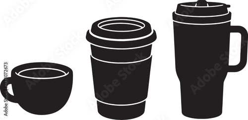 black silhouettes of coffee cups and travel mugs