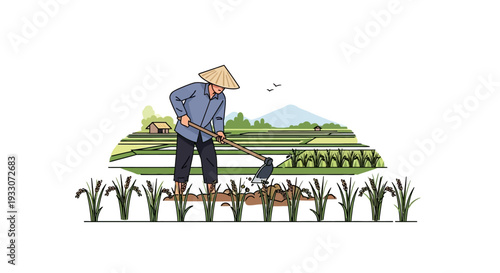 Asian farmer working in traditional rice paddy field with conical hat and hoe against a rural landscape.