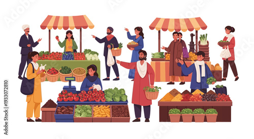 Diverse People Shopping at Vibrant Outdoor Local Farmers Market with Fresh Produce Stalls