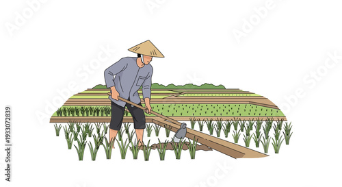 Asian Farmer Working in Paddy Field with Traditional Hoe Illustration