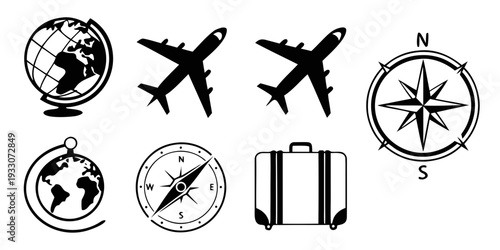 Collection of travel and navigation icons including a compass, globe, and airplane. Vector