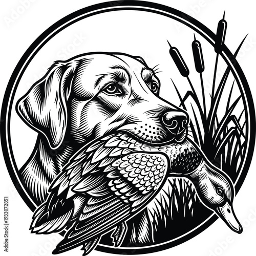 Black and whdog, duck, hunt, marsh, retriever, cattails, wetland, animal, bird, nature, wildlife, sport, Labrador, outdoors, illustration, hunting dog, duck hunting, 