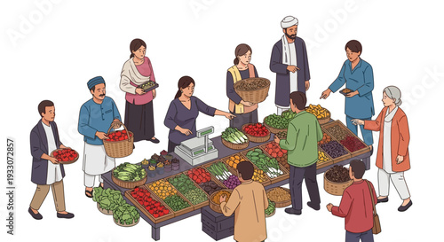 Isometric Illustration of a Busy Outdoor Farmers Market with People Buying and Selling Fresh Produce