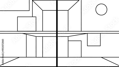 Abstract geometric perspective drawing with vanishing points and shapes