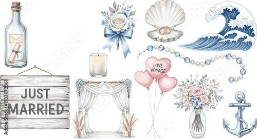 Romantic wedding beach elements collection nautical love vector illustration set