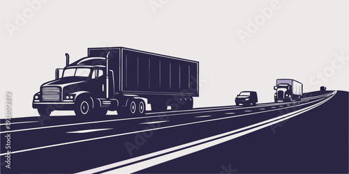 A large truck and a car driving on a multi-lane highway with a scenic background. Vector