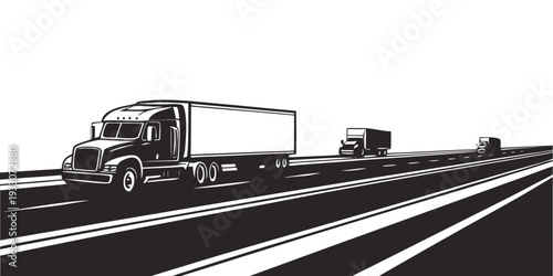 A large truck driving on a multi-lane highway with a trailer in tow. Vector