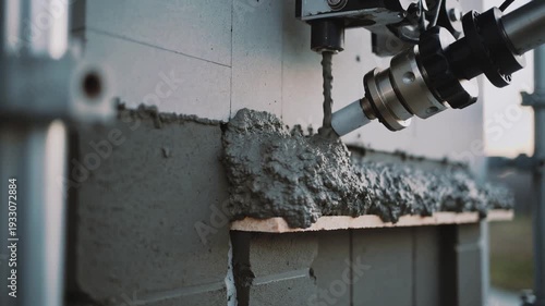 A robotic arm applies concrete to a wall section in an industrial setting with construction materials nearby outdoors
