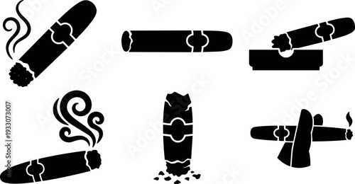 Flat design cigar icon set six silhouettes close up various angles smoking ashtray crushed butt minimalist black vector smoke icon