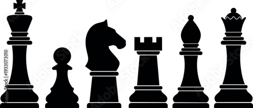Flat minimalist design black chess piece silhouettes front view king queen rook bishop knight pawn set on white vector