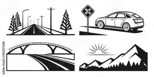Illustration of a serene landscape with mountains, trees, and a car on a road Vector