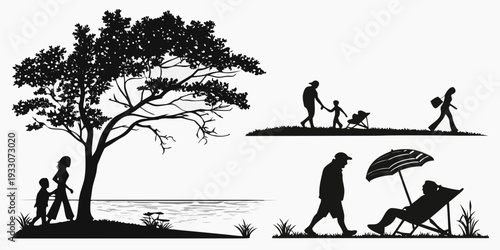 A serene park scene with people enjoying various outdoor activities under a large tree. Vector