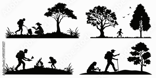 Four stages of tree growth from sapling to mature tree with human interaction Vector