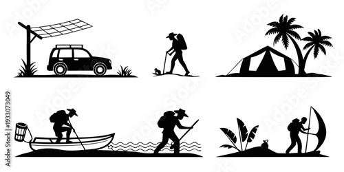 A sequence of stick figure illustrations depicting a tropical adventure Vector