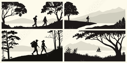 A serene landscape featuring diverse flora and fauna in a natural setting Vector