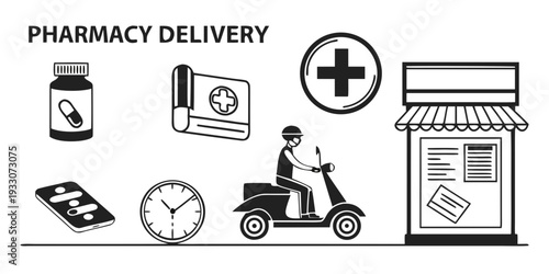 Illustration of a pharmacy delivery service with various elements Vector