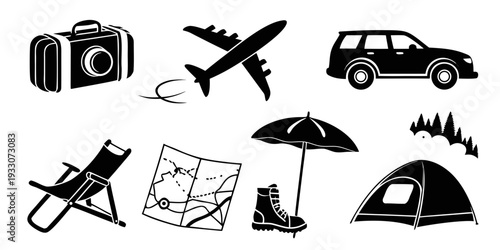 A collection of travel and adventure icons including a camera, airplane, car, umbrella, and tent. Vector