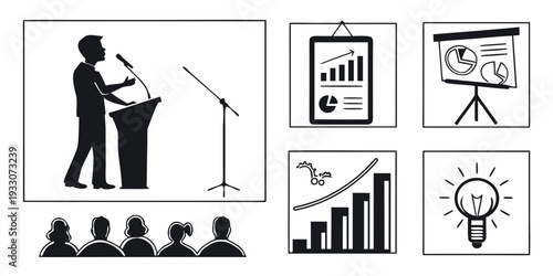 Illustration of a person giving a presentation with various visual aids Vector