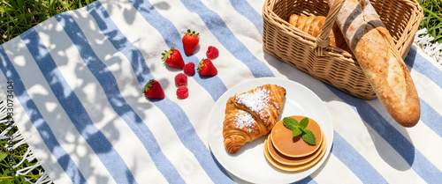 Fresh summer picnic food with croissants, pancakes, and berries on a blue striped blanket in dappled sunlight for outdoor brunch concept and relaxed leisure