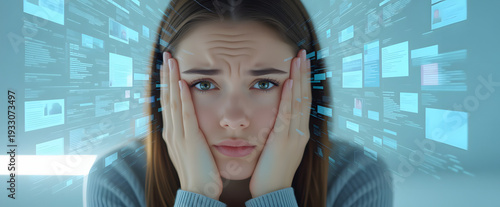 Young woman holding her head, overwhelmed by a digital interface and data screens, representing information overload concept and technology stress