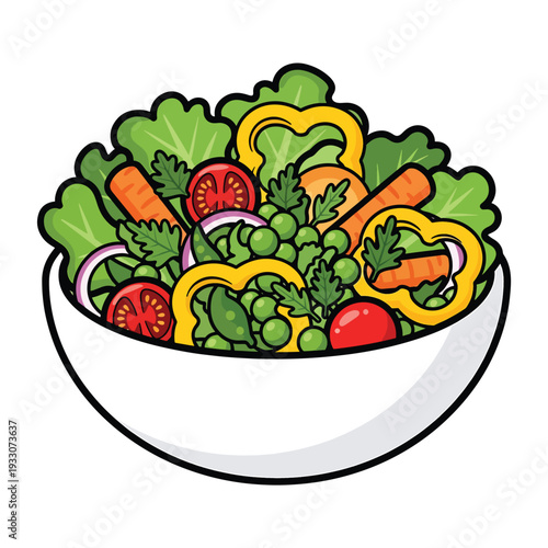 A vibrant illustration of a fresh salad bowl, viewed from above, featuring mixed vegetables and leafy greens in a white bowl.