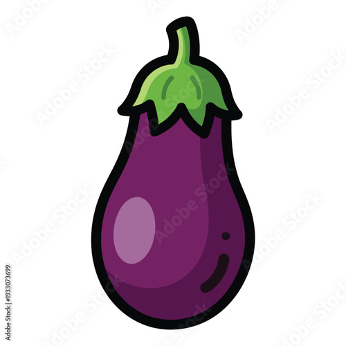 A vibrant cartoon eggplant with a green stem, illustrated in a simple, playful style, on a clean background, viewed from the front.